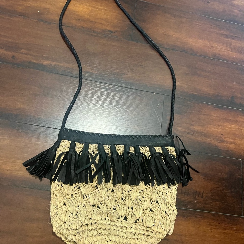 Black and Tan Woven Fringe Crossbody Bag